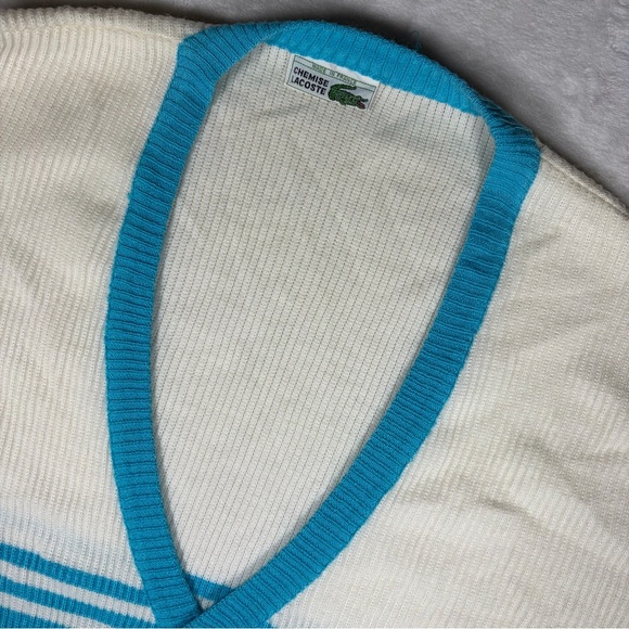 LACOSTE Vintage 70’s 80’s Teal Blue White V-Neck Button Cardigan Sweater L XL - Picture 4 of 9